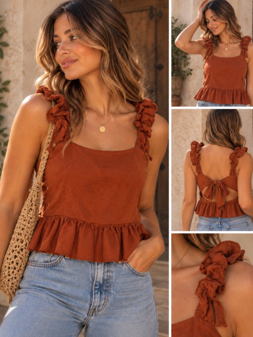 Express L Rust Linen Blend Ruffle Crop Top Tie Back Boho Fall